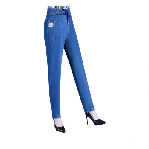 New style ice silk jeans, women's high waist summer, mom's elastic waist and feet pants, middle-aged and old casual silk long pants