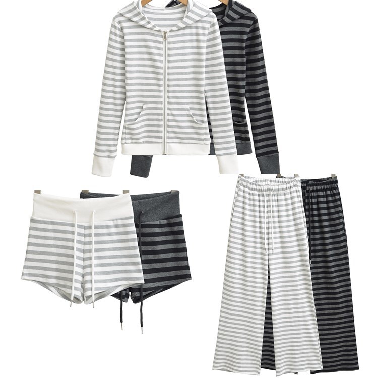 Striped Hooded Jacket Wide-Leg Pants Shorts Suit Women's Autumn Slim Sweatshirt Ribbed Drawstring Casual Pants