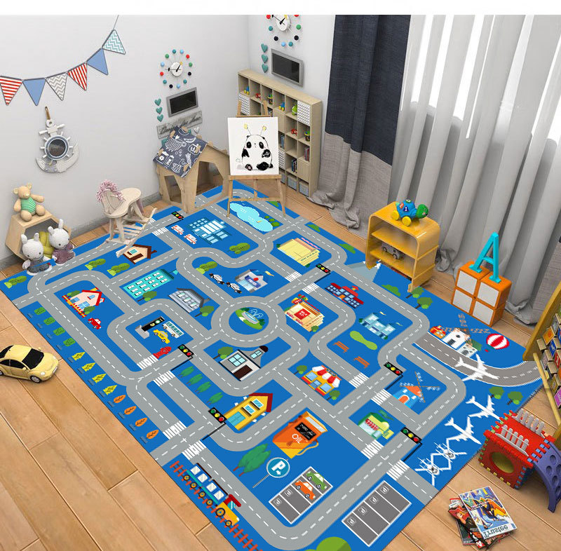 Cartoon children's floor mat, city traffic natural rubber floor mat, game toy rug, parking lot track educational floor mat