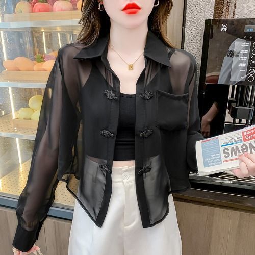 中国風の短いブラウスのストラップのスカートの外で女性の新しい中国式のマントの日焼け止めのシフォンのカーディガンの薄い紗の上着の夏|undefined