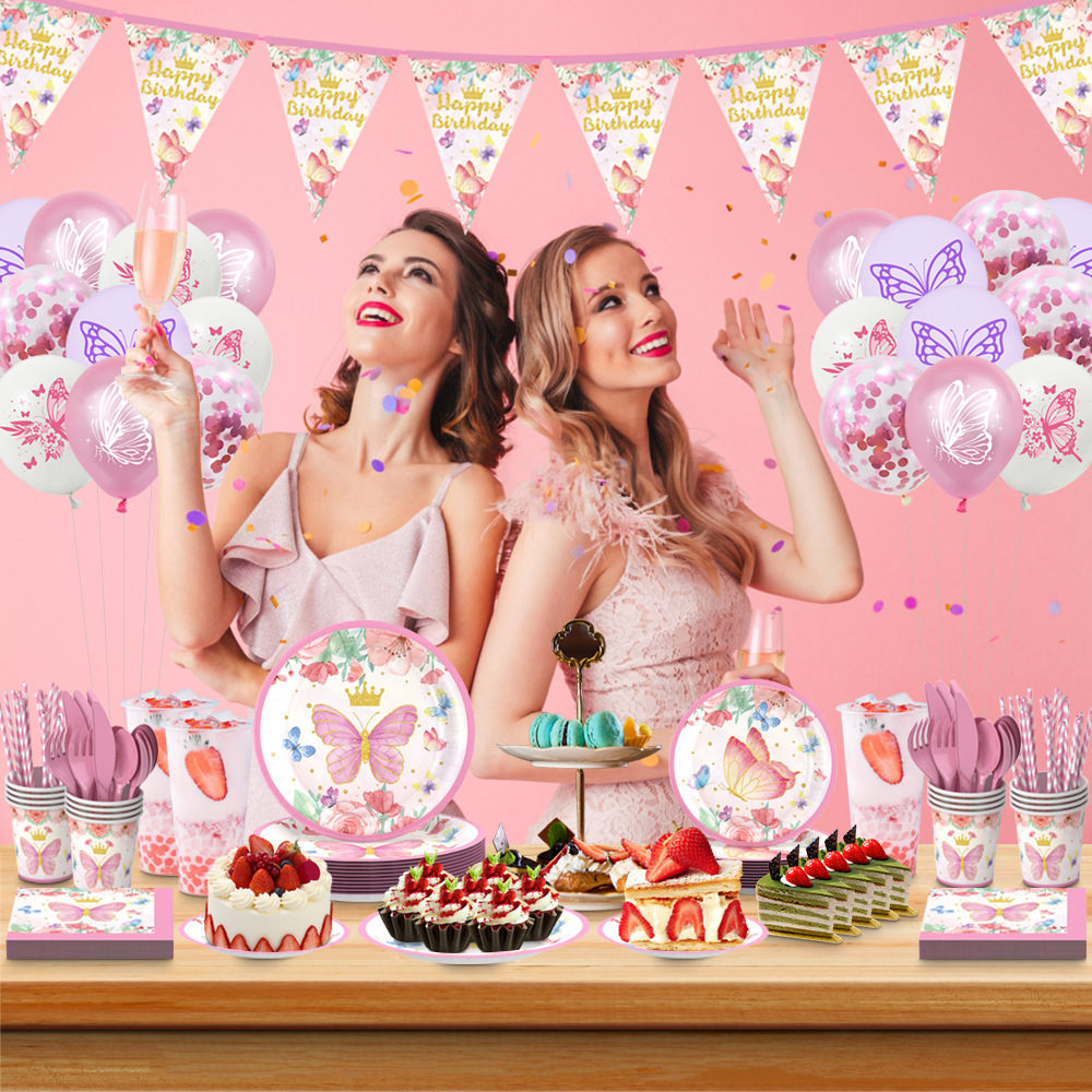 Primavera Rosa mariposa tema decoración del partido césped cumpleaños plato de papel desechable taza de papel decoración traje
