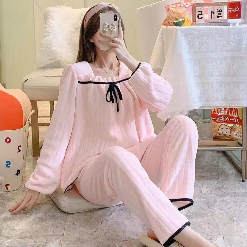 Pijamas de lana de coral con cuello de muñeca dulce francés para mujer más terciopelo engrosado ropa de hogar de franela de invierno traje de gran tamaño invierno