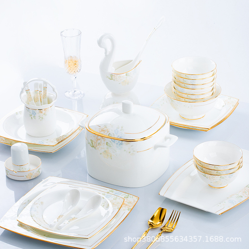 Bowl and dish suit high-end elegant light luxury Jingdezhen bone china bowl and dish suit household tableware housewarming gift wholesale Bowl and dish suit high-end elegant light luxury Jingdezhen bone china bowl and dish suit household tableware housewarming gift wholesale