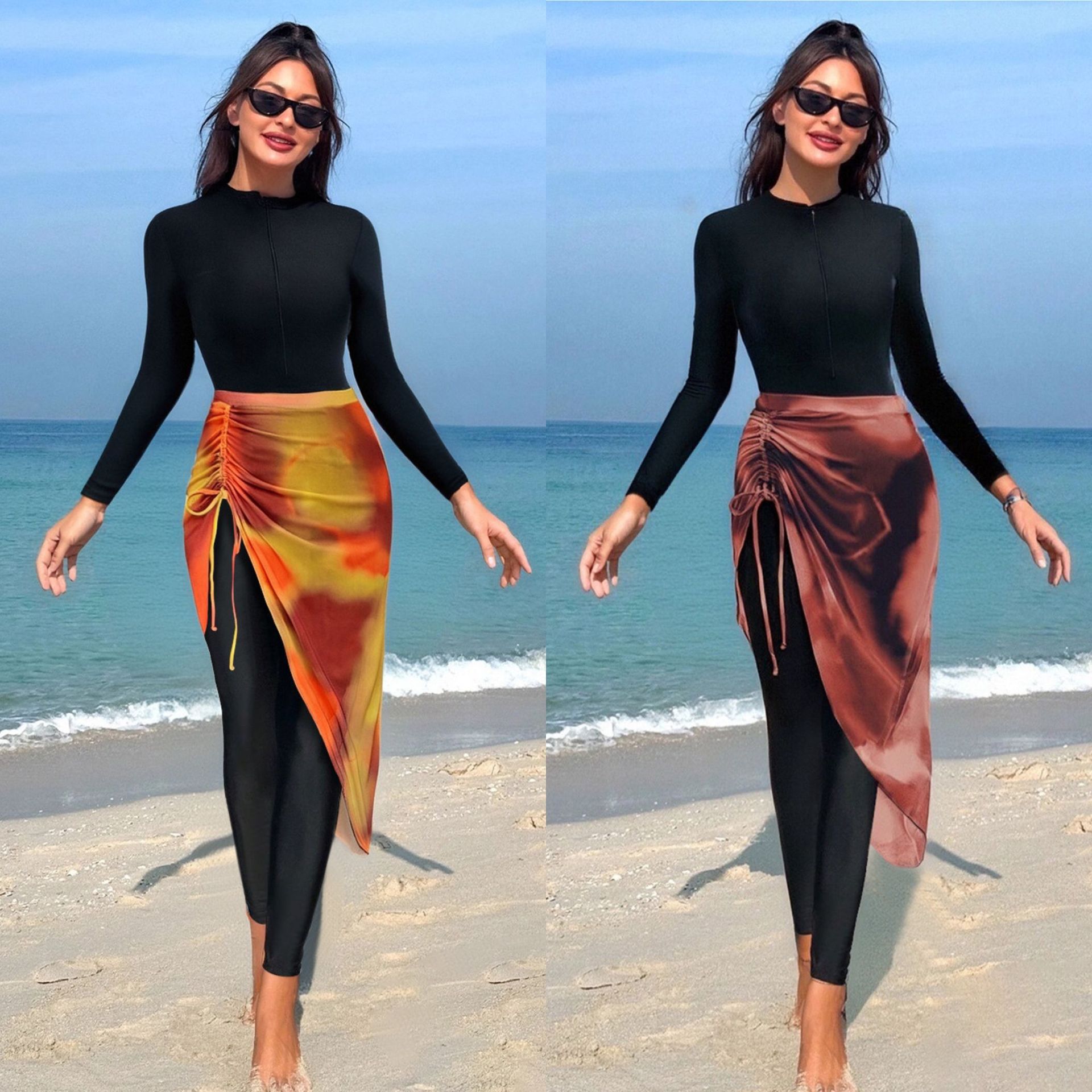 2025 New Conservative Swimsuit Women's Long-Sleeved Pants Cross-Border Amazon Beach Sun Protection Sports Swimsuit Three-Piece Set