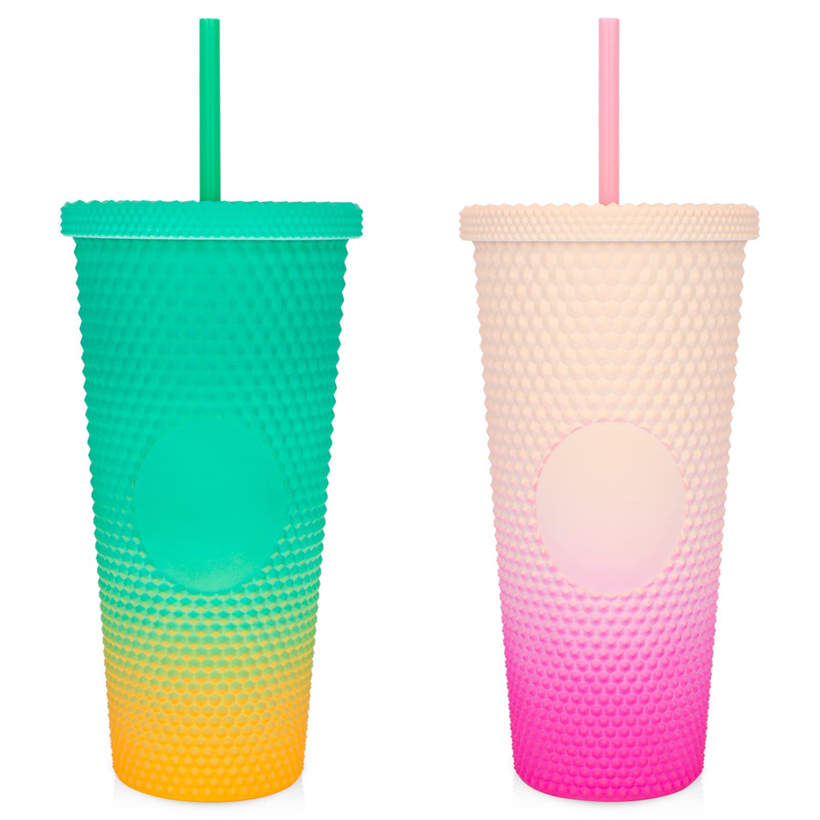 厂家直供跨境双层塑料吸管杯大容量创意710ml榴莲杯扎手杯钻石杯