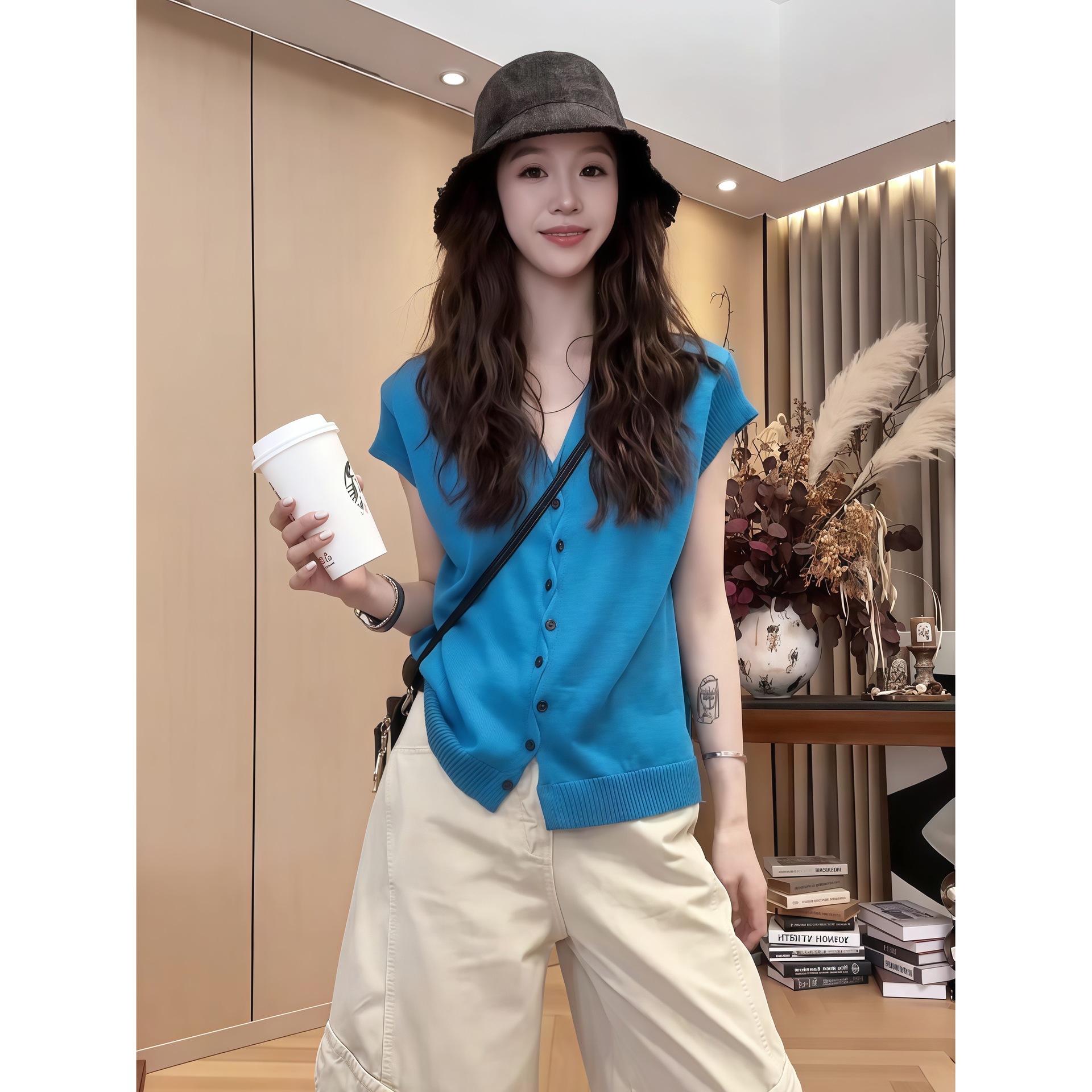 天爽亚麻松弛感V领排扣小飞袖针织开衫夏季新款法式气质上衣女