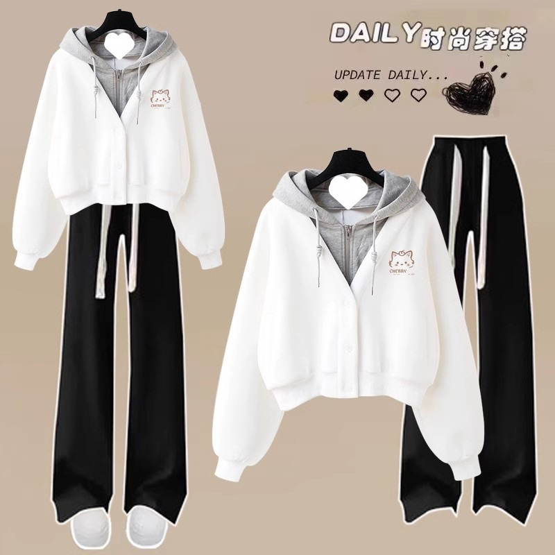 대학 스타일 세트 여성 중학생 2024 세트 새로운 가짜 투피스 후드 조끼 스포츠웨어 투피스 세트