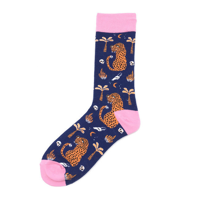Colorful Men's Socks Cotton Cartoon Pattern Fashion Happy Socks Streetwear Novelty Deer Tiger Avocado Striped Sox