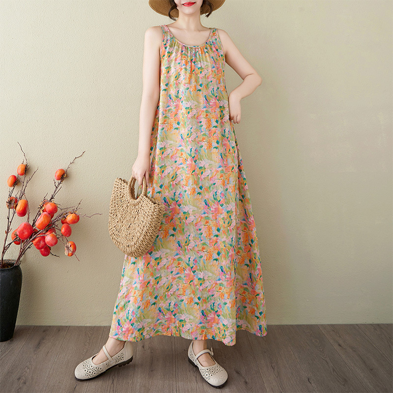 2025 Summer New plus size Free Series Relaxation Lazy Skirt Minimalist Flower Sleeveless Long dress
