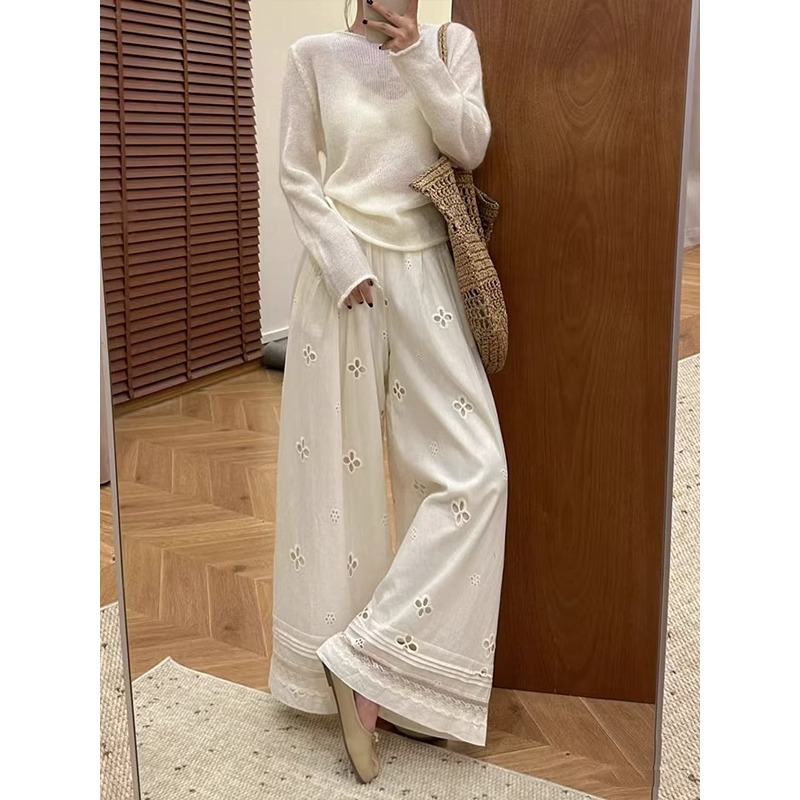 Korean Style Hollow Lace Stitching Wide Leg Pants Women's Summer Thin 2025 New High Waist Loose Design Sense Casual Pants