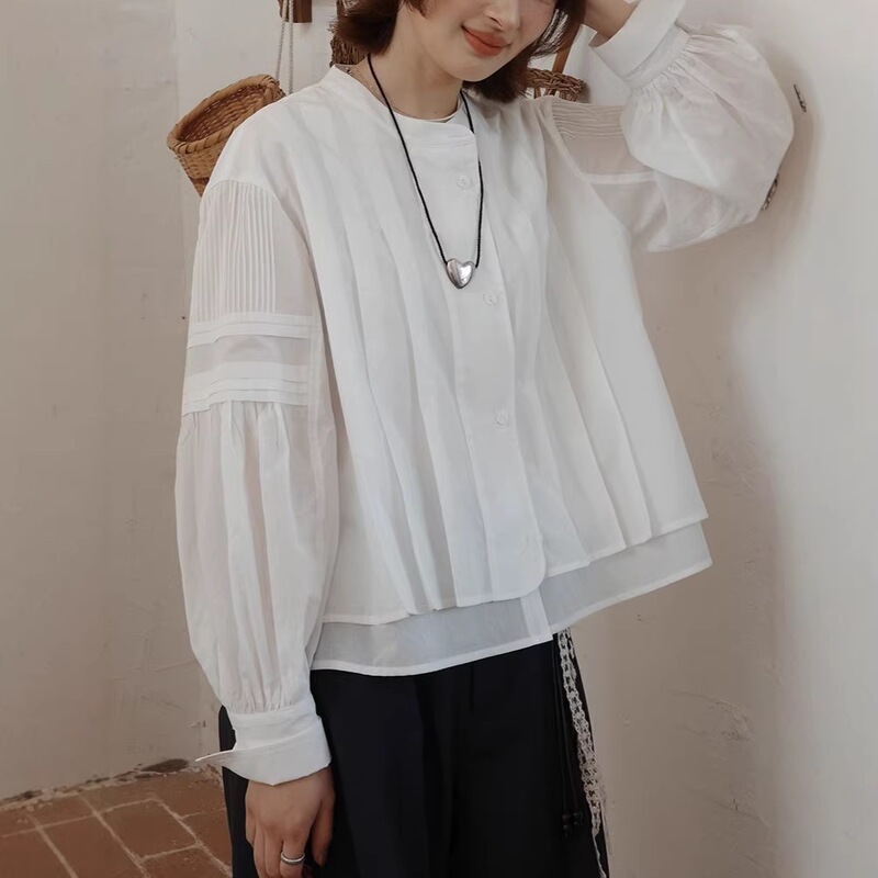 "White Drawing Workshop" Soft Light Sheer Fabric "26Ss Early Spring New Product 100-Count Cotton French Puff Sleeve White Shirt