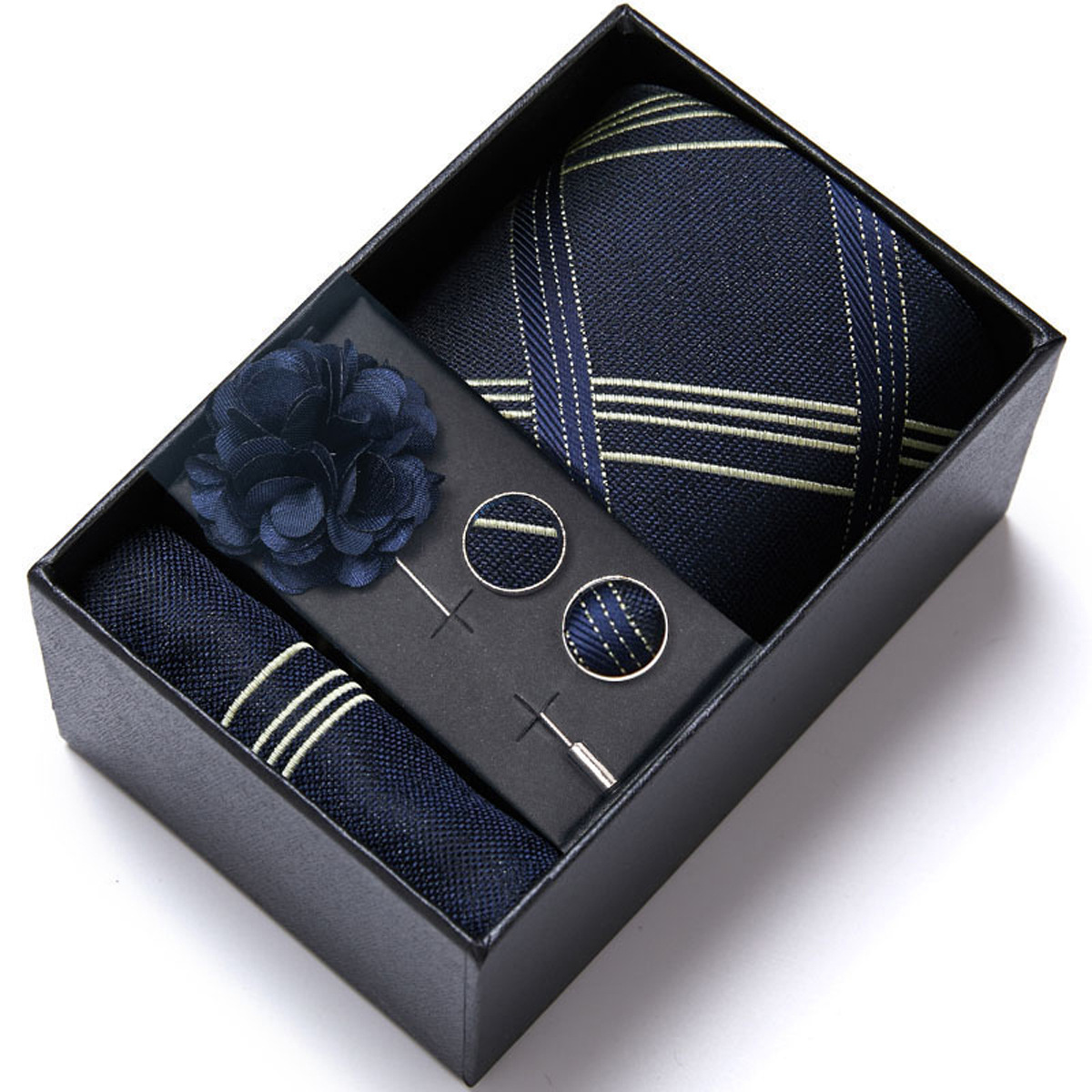 男性の新しい青いストライプのプリントネクタイのスカーフのカフスの胸の花のギフトボックスの包装の贈り物の佳品は祝日に適します。