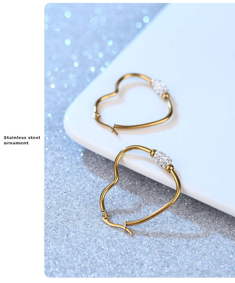 INS Style Heart Shape Stainless Steel Inlay Zircon Earrings 1 Pair