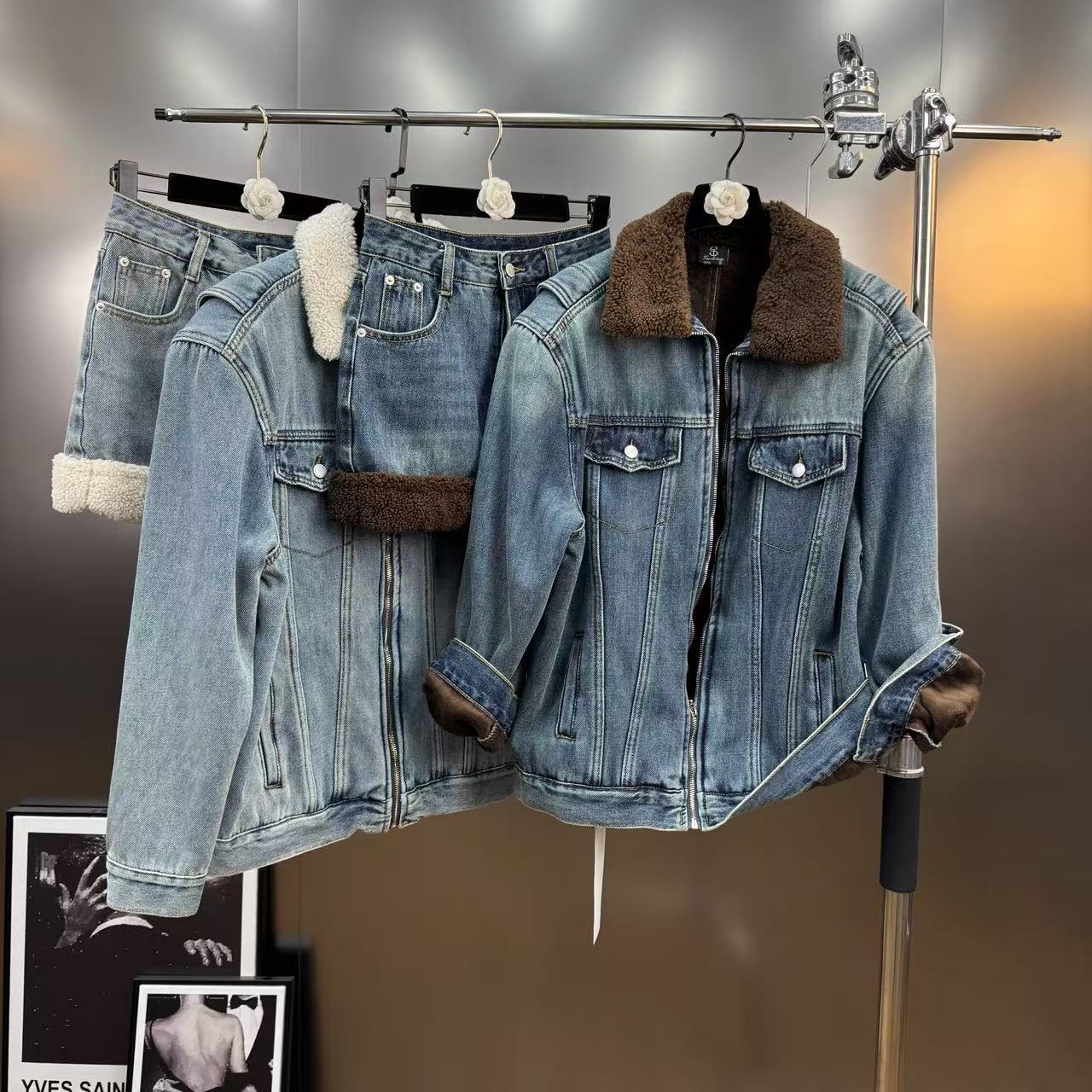 秋冬季内胆加厚羊羔加绒翻领牛仔外套衣+半身裙子两件套装女秋冬