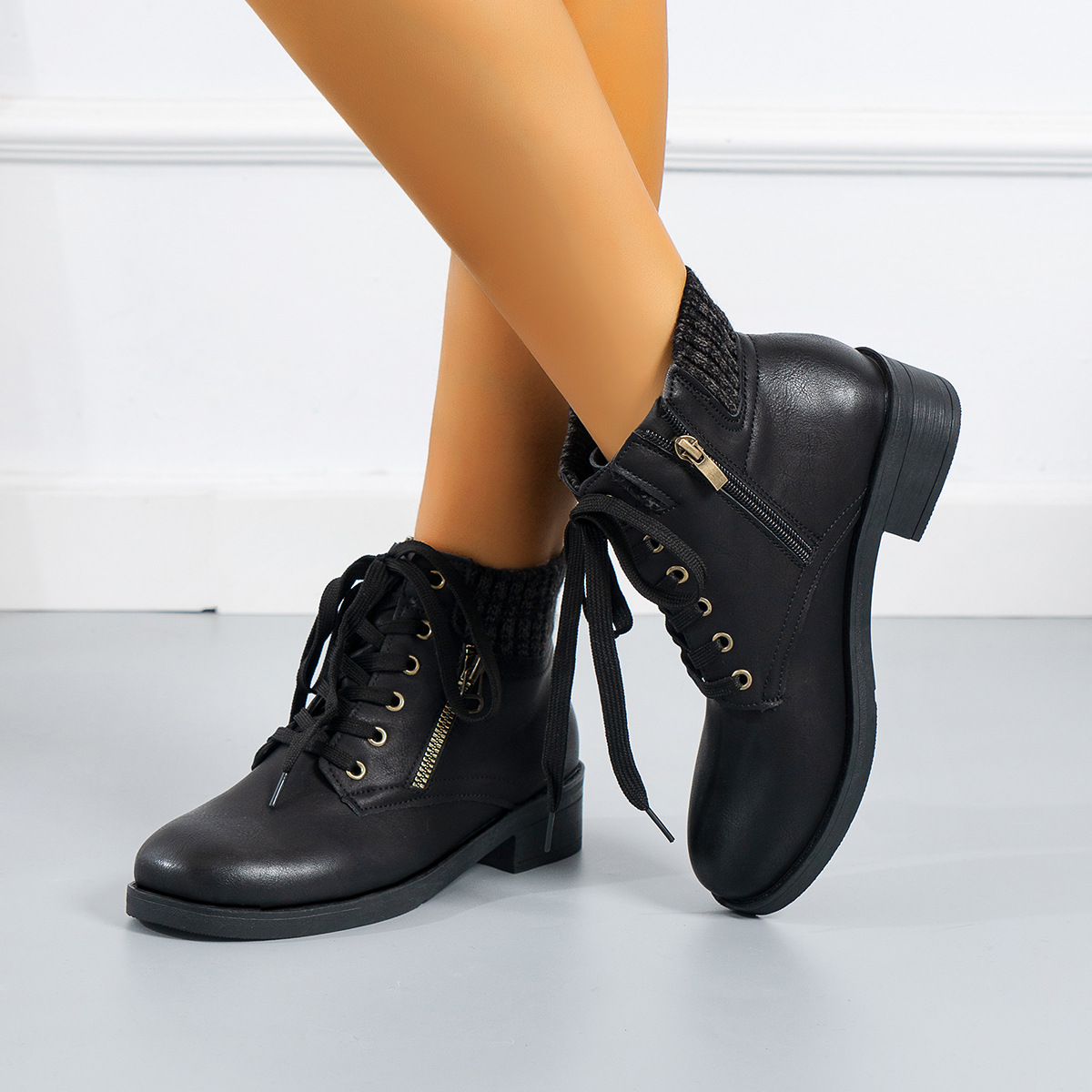 Round Toe Lace-Up Ankle Boots main image 1