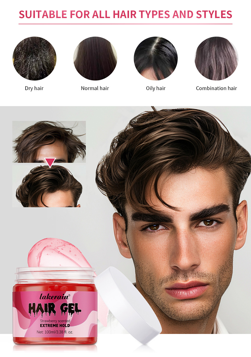Lakerain Transparent Gel Hair Gel 100ml, a hair gel for styling curly hair, creating fluffy bubbles and elastic hair Specification drawing