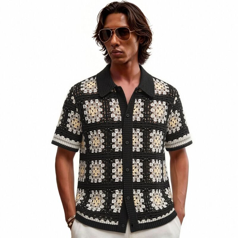 Cross-Border Foreign Trade Men's Clothing European and American Style Checkered Jacquard Hollow Knit Sweater Summer Cardigan Short-Sleeved Polo Shirt Sj0097 Cross-Border Foreign Trade Men's Clothing European and American Style Checkered Jacquard Hollow Knit Sweater Summer Cardigan Short-Sleeved Polo Shirt Sj0097