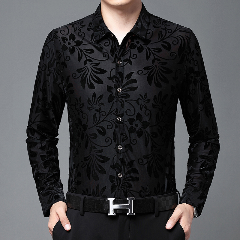 2024 spring new men's sweater long sleeve high-end jacquard gold velvet casual business dance banquet shirt