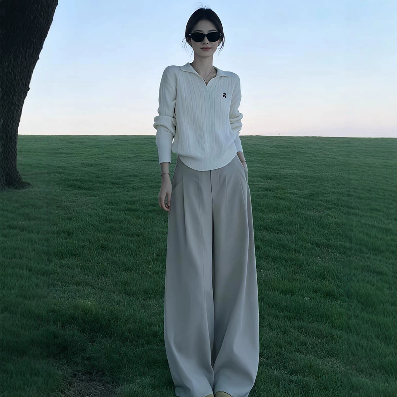 Women's Fall 2026 New French Style Elegant Two-Piece Set: Collared Long-Sleeve Knit Top and Wide-Leg Long Pants Women's Fall 2026 New French Style Elegant Two-Piece Set: Collared Long-Sleeve Knit Top and Wide-Leg Long Pants