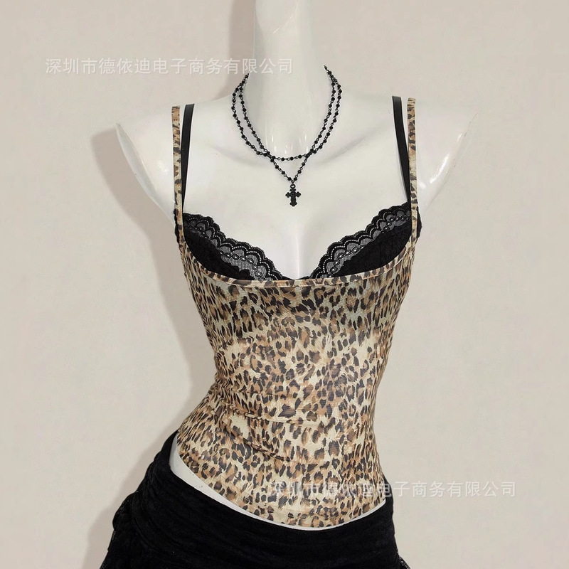 American Retro Slim-Fit Leopard Print Camisole for Women, Summer Sexy Lace Lingerie Two-Piece Set