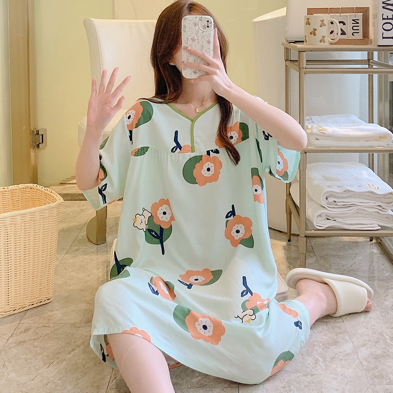 Cotton silk nightdress women's summer short-sleeved thin pajamas home dress sweet student pregnant women plus size artificial cotton cotton cotton skirt Cotton silk nightdress women's summer short-sleeved thin pajamas home dress sweet student pregnant women plus size artificial cotton cotton cotton skirt