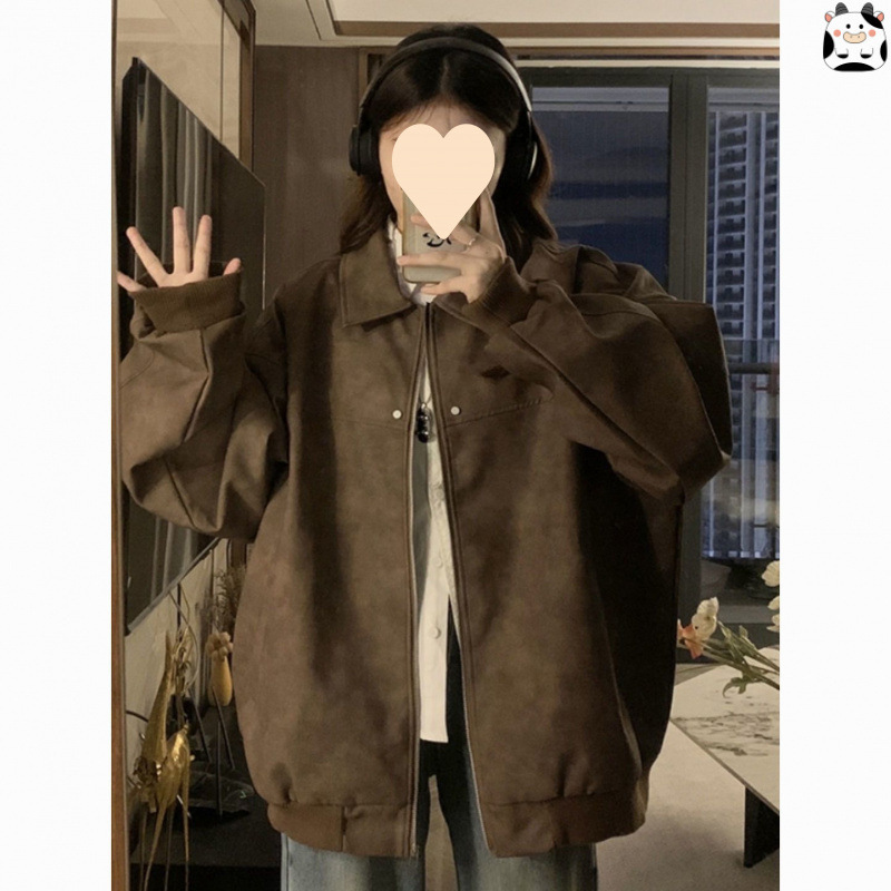 Retro American Brown Leather Jacket for Women Spring & Fall 2026 High-End Niche Motorcycle Jacket Baseball Uniform Trendy Brand