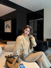 2025秋季新款卡其色立领长袖短款工装宽松休闲外套夹克上衣女chic