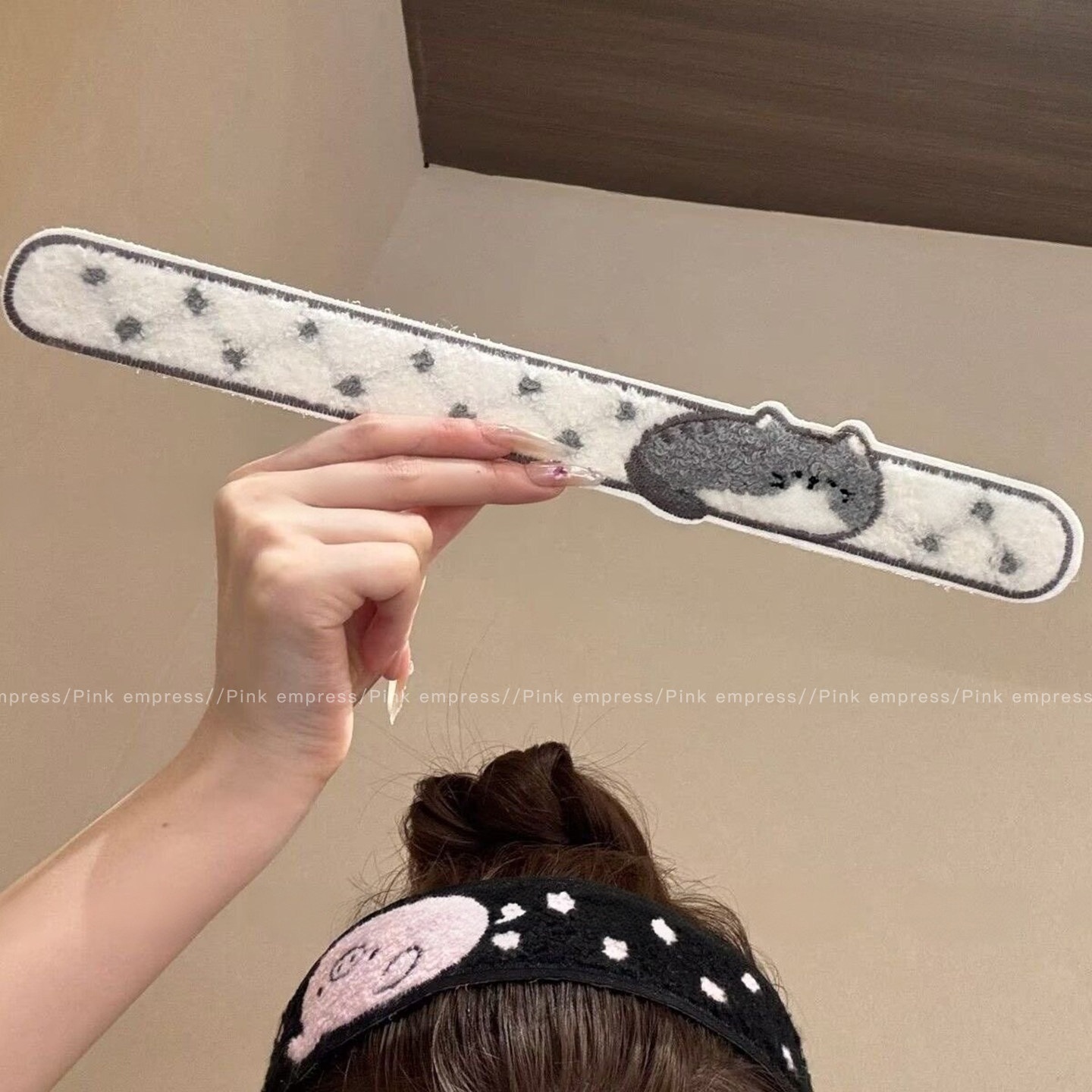 Polka dot long strip cartoon bangs sticker pink piggy gray milk bubble kitten embroidery Velcro girl's hair accessories
