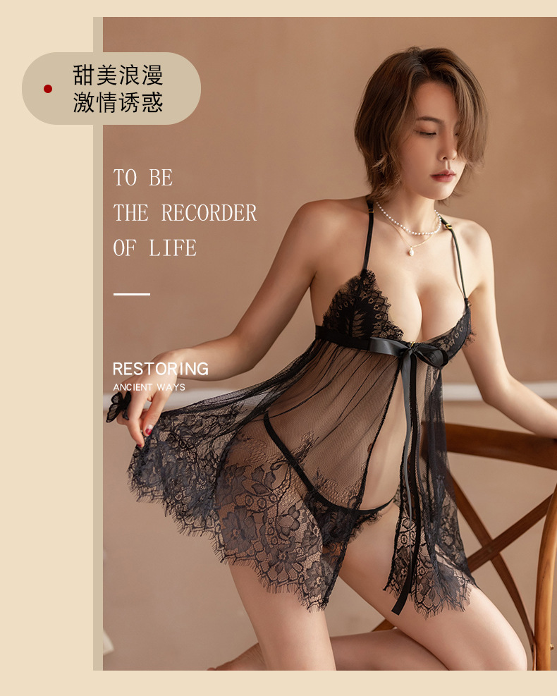See-Through Lace Babydoll Nightdress with Thong, White One-Size Sleepwear Set — detail image 1