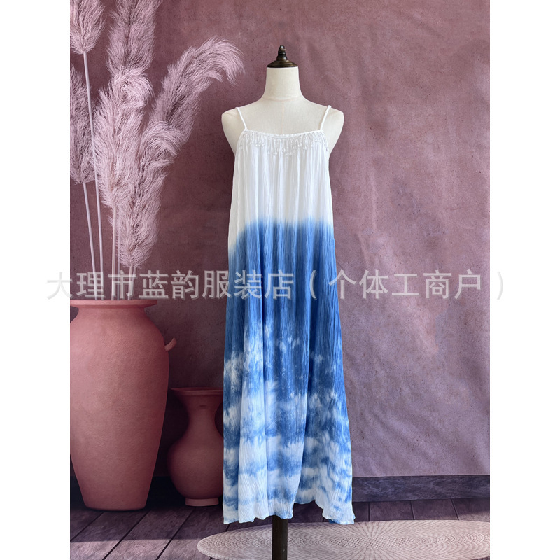 Crystal Beaded Suspender Skirt Spaghetti Strap Long Dress Yunnan Handmade Blue Dyed Skirt Summer Travel Ancient Town