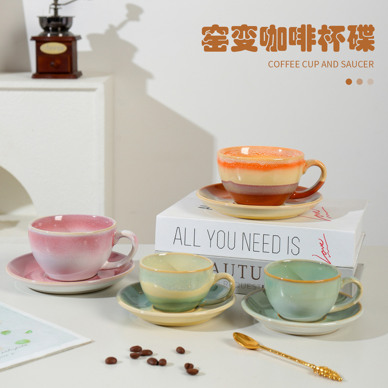 Kiln-Fired Ceramic Coffee Cup and Saucer Set, Vintage Afternoon Tea Latte Cup and Saucer, High Temperature Resistant and Dishwasher Safe