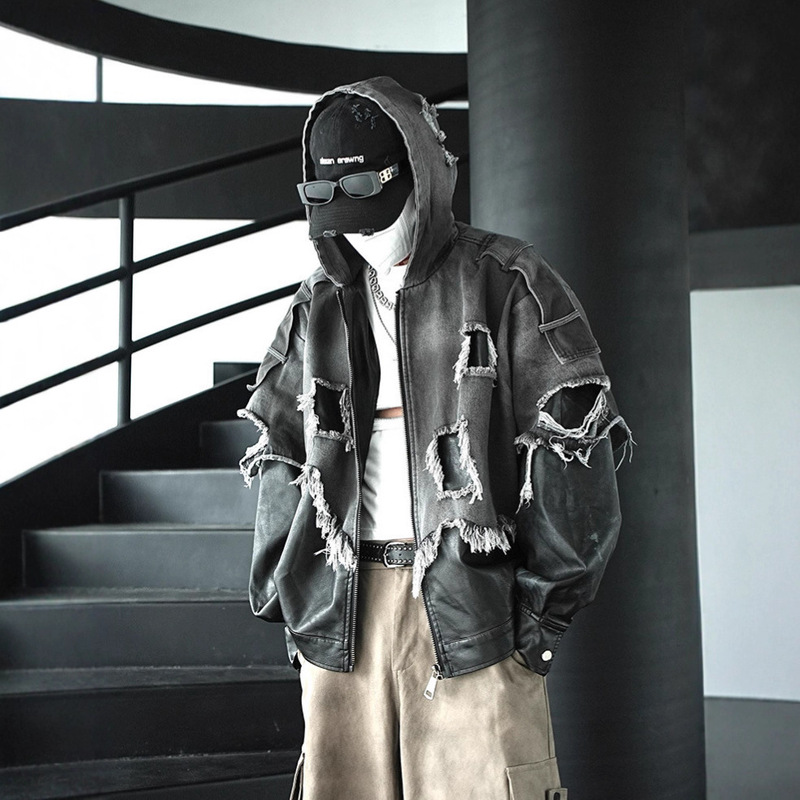 Niche Design Denim Ripped Hooded Jacket for Men in Autumn and Winter Street Hip-Hop Trendy Brand Leather Jacket Distressed Top