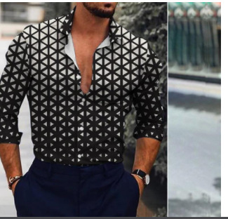 Ropa de los hombres europeos y americanos del comercio exterior 2023 primavera nuevos hombres 3D impreso casual solapa manga larga más tamaño camisa de los hombres