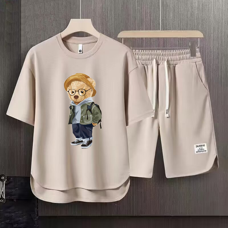 Men's Clothing 2024 Waffle Casual Summer Suit Men's Loose Teen Short sleeved T shirt Shorts Handsome Two piece Suit_desvips.com