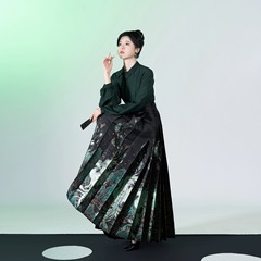 明製の漢服の半高襟のシャツの上着は化粧の花の馬のスカートのスーツの羽の服の墨の緑の青羽の馬のスカートをまねます。