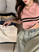 小香风Polo领短袖针织衫T恤女夏薄款设计感小众修身又甜又辣上衣