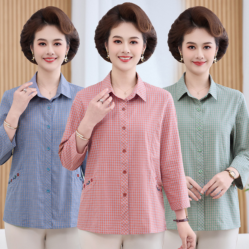 Mom's Plaid Shirt, New Spring and Summer Style, Middle-Aged and Elderly Women's Clothing, Three-Quarter Sleeve Top, Grandma's Pure Cotton Shirt, Summer