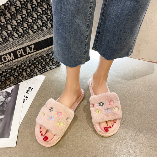 Furry slippers for women  autumn and winter new home open-toe slippers embroidered flowers warm cotton slippers wholesale