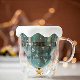圣诞树可爱星愿杯子圣诞杯 双层带把玻璃水杯牛奶杯 办公咖啡杯