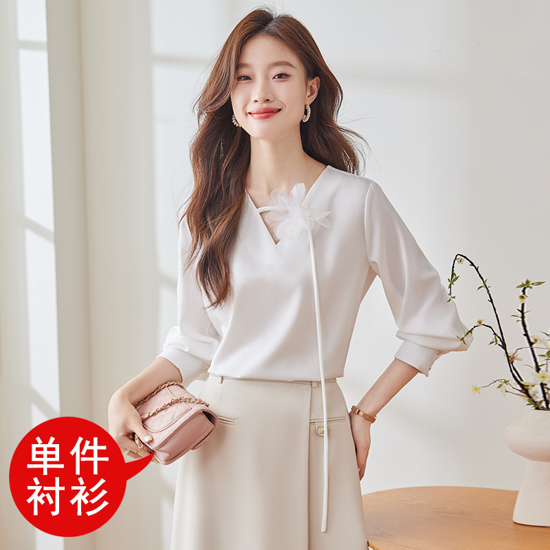 翻领宽松职业长袖女式白衬衣衫女士上衣2025春秋大码女装Q2020|undefined