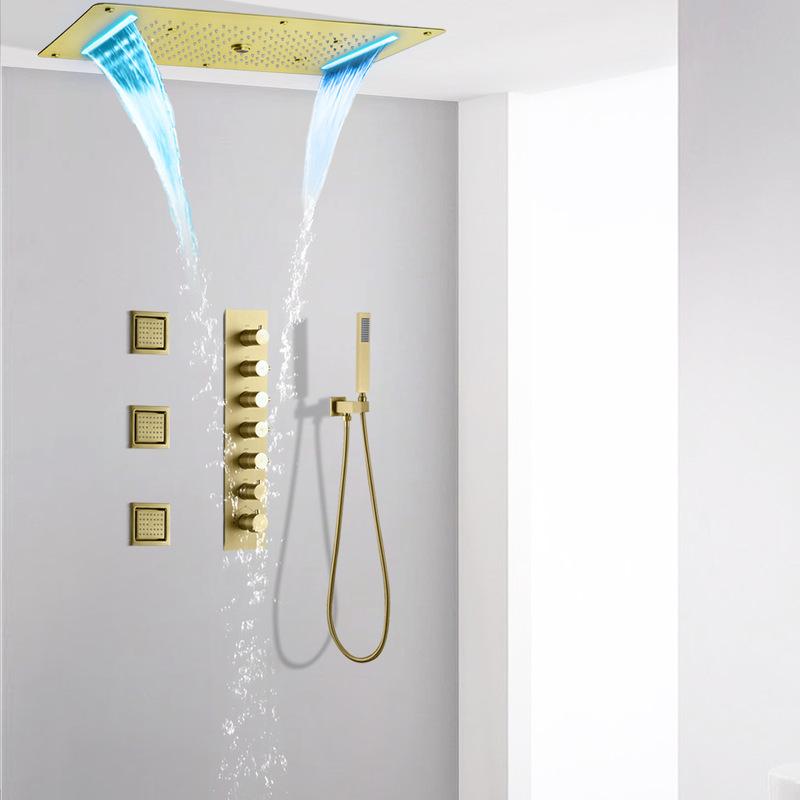 Wire drawing gold LED concealed shower bathroom ceiling concealed constant temperature shower system 700 * 380mm LED top spray Wire drawing gold LED concealed shower bathroom ceiling concealed constant temperature shower system 700 * 380mm LED top spray