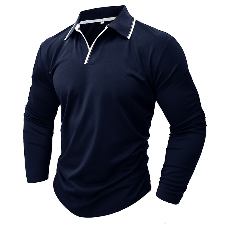Nueva camisa de polo de color sólido con cuello en V de comercio exterior Camisa de manga larga para hombre Camiseta de solapa de tamaño europeo y americano transfronterizo 2023 Otoño e Invierno