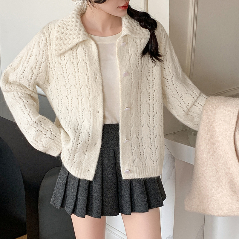 Inventario otoño invierno nuevo estilo coreano diseño sensación hueco solapa de punto cardigan suéter suave suave suelto