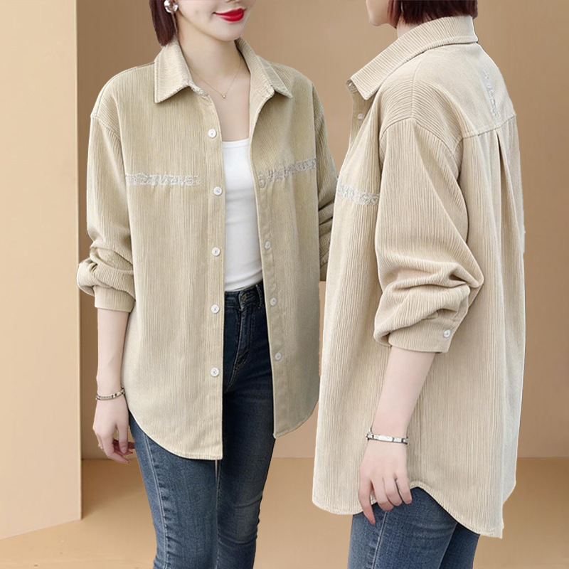 Spring New Corduroy Women's Mid-Length Shirt Jacket, Fashionable Lapel, Large Size, Loose Fit, Slimming Embroidered Top
