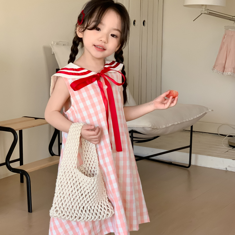 韩国女童学院风格子连衣裙2024夏季小女孩洋气海军领背心裙公主裙