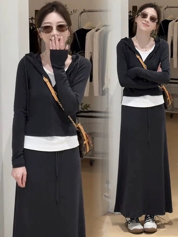早秋减龄一整套穿搭女新款韩版假两件帽衫恤高腰半身裙套装|undefined
