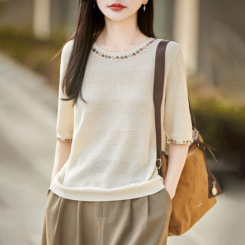 Women's Tencel Linen Lace Round Neck Short-Sleeved T-Shirt for Women's Summer New Style, Light and Breathable, Trendy Five-Quarter Sleeve T-Shirt
