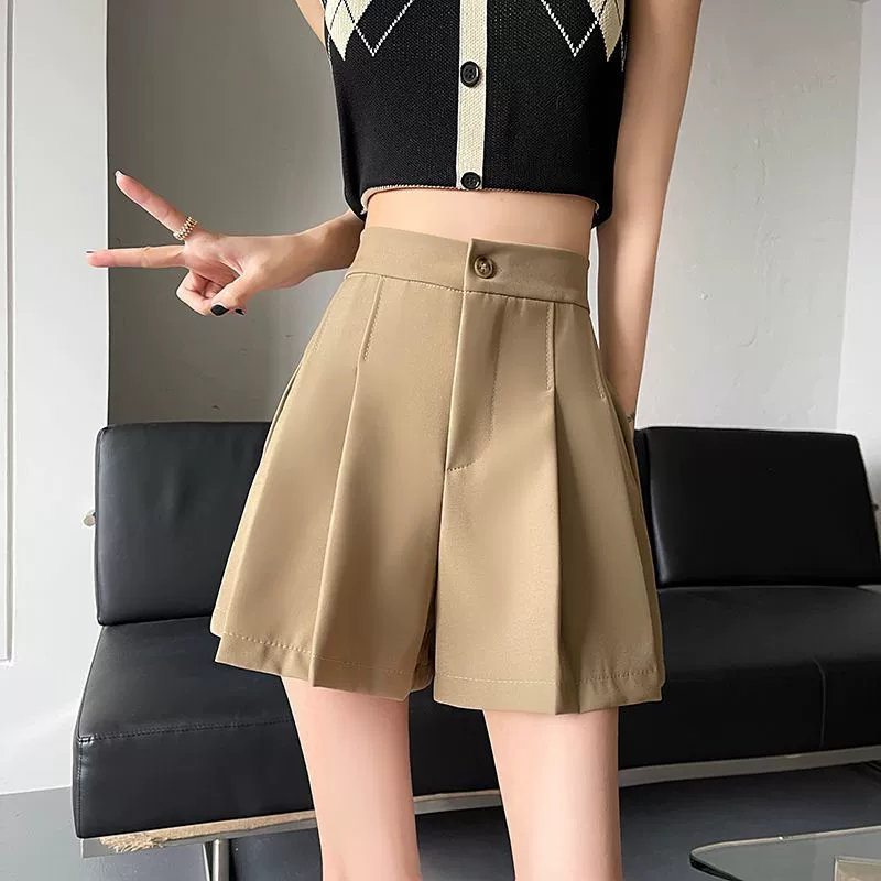 Женские летние шорты-костюм 2025, плиссированные широкие брюки, тонкие, высокая талия, корейский стиль, эластичный пояс, утягивающие, повседневные брюки