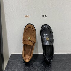 复古晚风温柔山茶花朵乐福鞋黑色气质单鞋秋冬小香风法式女鞋