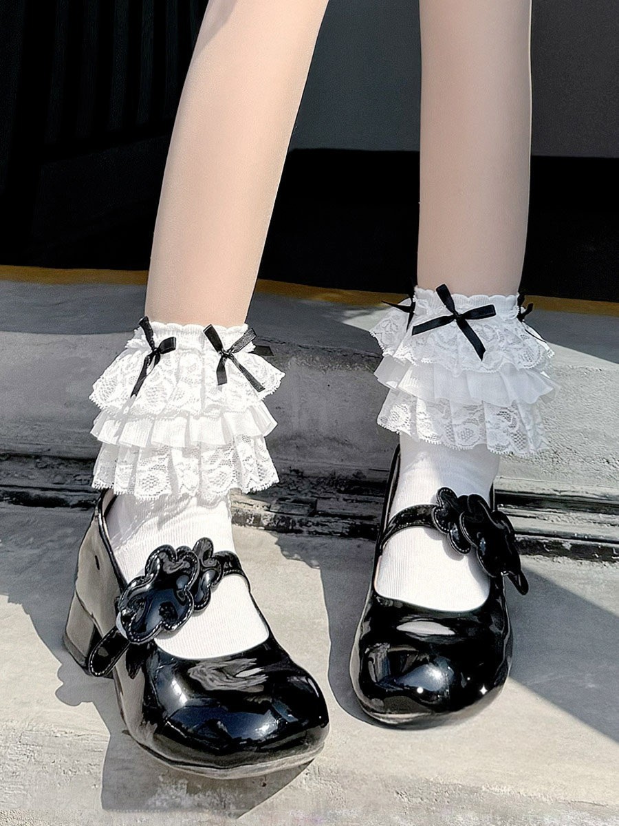 Enchanting Lolita Tiered Lace Ruffle Ribbed Cotton Crew Socks for Doll-Like Fashion Detail View 2